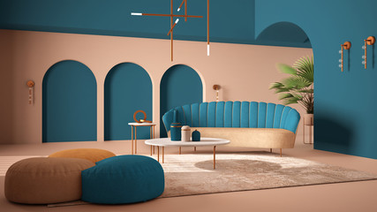 Elegant classic living room with archways and arched window and door. Blue sofa with poufs, carpet, pendant lamp, coffee tables, vases, decors. Modern interior design idea