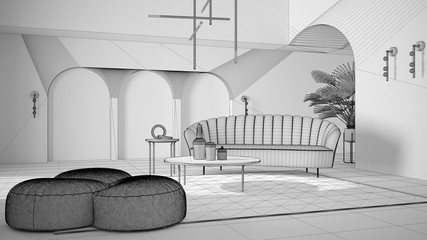 Unfinished project draft, elegant classic living room with archways and arched window and door. Sofa with pouf, carpet, pendant lamp, coffee tables, vases. Modern interior design idea