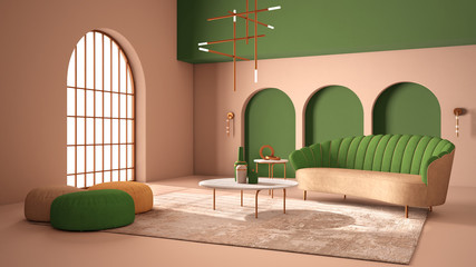 Elegant classic living room with archways and arched window and door. Green sofa with poufs, carpet, pendant lamp, coffee tables, vases, decors. Modern interior design idea