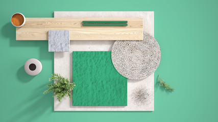 Minimal turquoise background, copy space, marble limestone and granite slabs, wooden plank, cutting board, rosemary and pepper and decors. Kitchen interior design concept, mood board