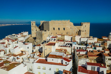Aerial view of the Papal palace and fortified old town surrounded by bastions and walls in...