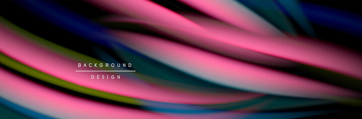 Сolorful flow poster. Wave liquid lines and shapes in black color background. Vector Illustration