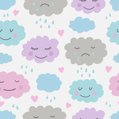 Cute hand drawn seamless pattern with clouds. Background for kids with smiling clouds. Vector illustration