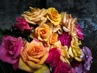 A bouquet of multi-coloured roses.