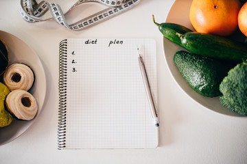 Dieting concept, balanced nutrition, weight loss, healthy eating. Notebook with diet plan,...