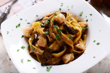 Tagiatelle pasta with creamy sauce with porcini mushrooms