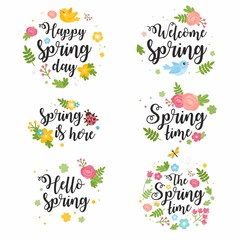 Spring quotes hand drawn set. Handwritten calligraphy text on white background. Inspirational message: Happy Spring Day, Welcome Spring, Spring Time.
