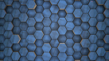 3D rendering. Real abstract blue ice clean technical geometric hexagons dark background random motion, 3d Animation