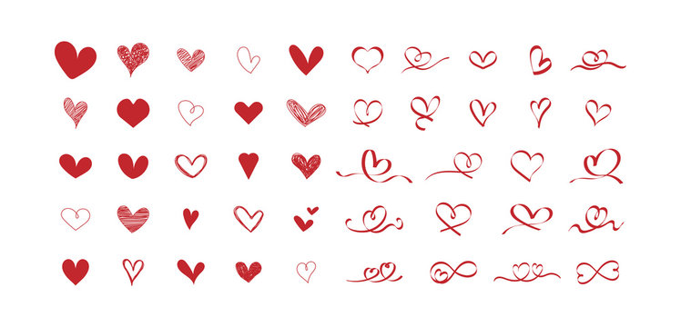  Set of hand-drawn red hearts. Symbol of love. Collection of scribble and ribbon hearts design on white background. Vector illustration.