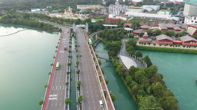 Dec 25/2019 A 4k aerial video of Sentosa Gateway and sentosa walk early morning