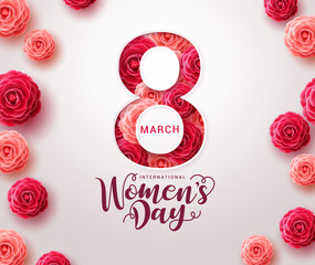 March 8 women's day design. Women's day vector concept design for international woman celebration with camellia flowers background. Vector illustration 