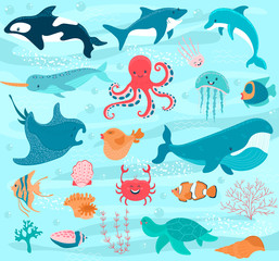 Sea animals vector cartoon ocean characters crab, funny octopus and whale underwater. Illustration marine set of cute fishes stingray, happy jellyfish and dolphin seabed with shells. Wild shark.