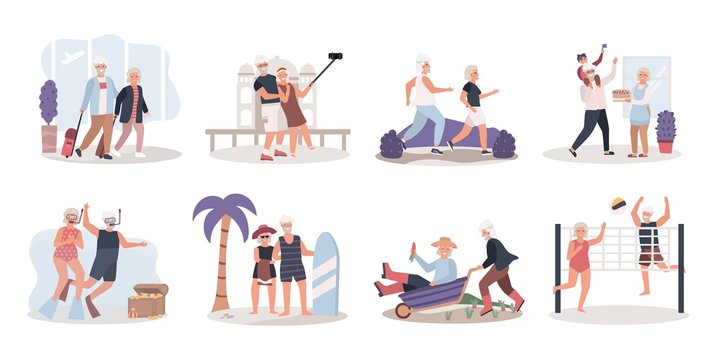 Active elderly couple enjoying life, vector illustration. Set of isolated stickers in flat style. Senior couple travel, old people healthy lifestyle, grandmother and grandfather cartoon characters