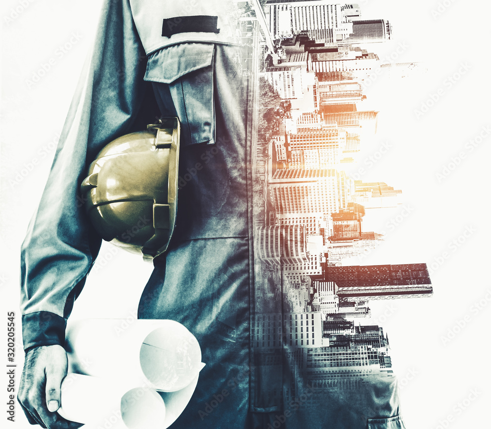 Wall mural Future building construction engineering project concept with double exposure graphic design. Building engineer, architect people or construction worker working with modern civil equipment technology.