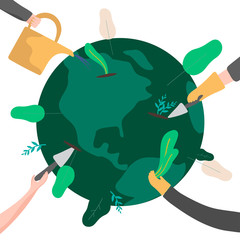 Green planet, Earth environment concept, vector illustration. Hands planting and watering trees, people work together to save nature and protect world ecosystem. Clean environment, green planet globe