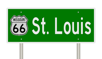 Rendering of a green 3d highway sign for St. Louis Missouri on Route 66 © Rex Wholster