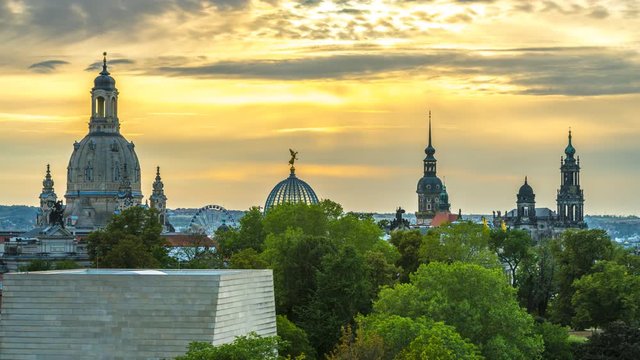 Dresden skyline aerial view time lapse video at sunset over old town church, cathedral and dresden frauenchurch.