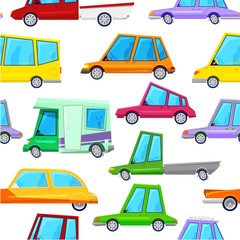 Cartoon cars children vector seamless pattern, vector illustration. Transport pattern for boys, kids. Background for web site, nursery design, packing, textile, fabric, paper. Cute toy cars vehicle.