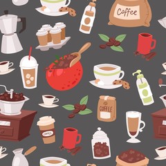 Coffee cartoon objects vector seamless pattern. Illustration of coffee drink symbols collection. Mug cup of espresso, decaf, mocha and bag of coffee beans, coffee making machine, handmill and cookies.