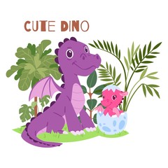 Cute dino family of brontosaurus baby and parent vector illustration. Dino characters for father s or mother s day card, holiday banner. Parents and children relations article, happy dinosaur family.