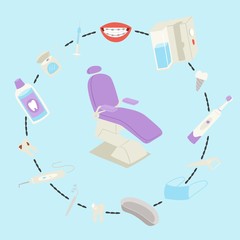 Dental medical care tools and equipment vector illustration. Teeth dental care for mouth health set with inspection dentist treatment, brushes, chair and toothpaste. Infograthic for tooth treatment.