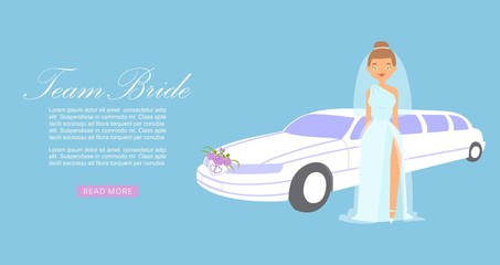 Fashion wedding background with bride team, model dress, lady and car vector cartoon illustration. Beautiful bride and wedding car banner. Bridal fashion, style and beauty advertising banner.