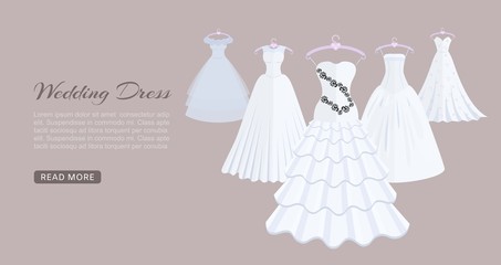 Wedding dresses on mannequin vector illustration. Fashion bride and bridesmaid wedding wear. White dress, accessories set, veil, swirls and chandelier. Bridal shower composition banner.