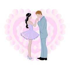 Obraz na płótnie Canvas Wedding background with bride and bridegroom and pink heart cartoon background vector illustration. Beautiful bride and groom. Marriage and wedding invitation, beauty advertising poster.