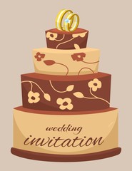 Wedding cake decorated with cream, rings, flowers and invitation words, cartoon vector illustration. Invitation card for wedding day with cake on brown background.