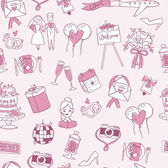 Wedding or Valentine s day seamless pattern vector illustration. Cute doodle texture with bride and groom, wedding cake, love and marriage symbols isolated on white background.
