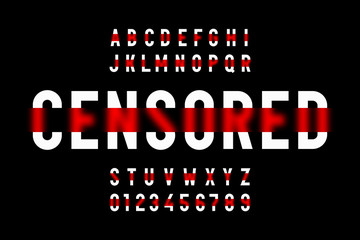 Censored style modern font, alphabet letters and numbers