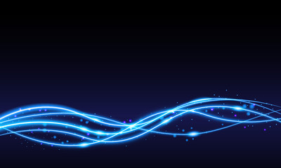 Blue swoosh neon wave over dark background. Shimmering waves with light effect and star dust trail. Blue swoosh design for web and print.