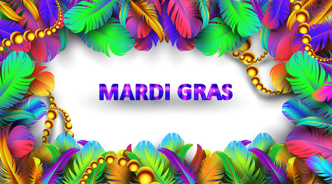 Mardi gras carnival banner with bird feathers and necklace poster isolated on white background. Use for greeting card, web, flyer, ad, ads. - Vector