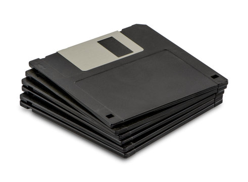 Stacked floppy disks isolated on white background. Floppy disk without sticker. Copy space for text.
