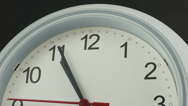 Closeup Zoom out Ten o'clock White wall clock face beginning of time 10.45 am, Time lapse 30 minutes moving fast.