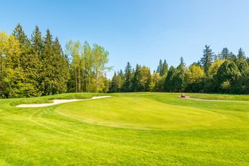 Golf course with gorgeous green and sand bunker