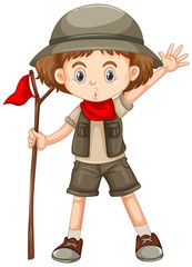 Cute girl in safari outfit holding stick on white background