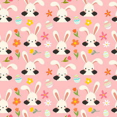 Seamless easter pattern with white bunny, rabbit with decorative ornamental eggs and spring bright flowers. Pink background