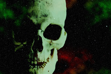 Human skull on the background of outer space.