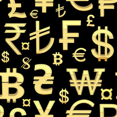 Seamless pattern of currency symbols of different countries. Illustration isolated on a black.