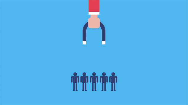 Customer attraction, human hand attracting human figures with magnet, inbound marketing and business concept. 2d animation video clip.