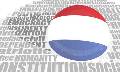 Naklejka premium Word cloud with words related to politics, government, parliamentary democracy and political life. Flag of the Netherlands. 3D rendering