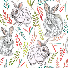 Seamless pattern with hand drawn rabbits and spring plants.