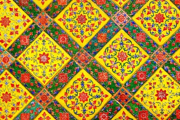 Old over 151 year wall ceramic tiles patterns handcraft from thailand temple wall public