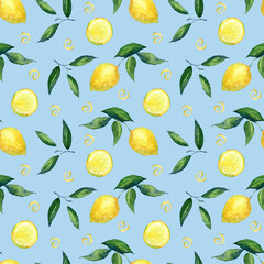 Summer pattern with lemons on a blue background