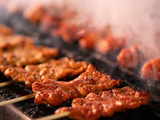 Grilled Pork Skewers on Charcoal Stove with Smoke Rising, Close-Up Street Food in Thailand