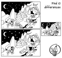 Mountain troll going home to the cave. Find 10 differences. Educational game for children. Black and white cartoon vector illustration