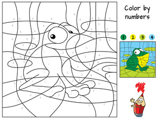 Funny little frog sitting on a leaf. Color by numbers. Coloring book. Educational puzzle game for children. Cartoon vector illustration