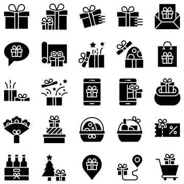 Gift related vector icon set, solid style