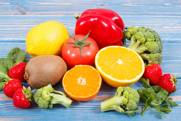 Fruits and vegetables containing vitamin C and natural minerals, concept of strengthening immunity
